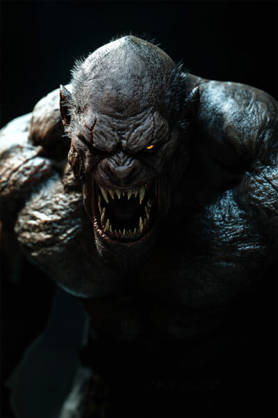A fierce, snarling monster with sharp fangs, glowing eyes, and rough, scarred skin appears in dramatic lighting on this Beasts of the Night movie poster. A1 to A4 print sizes.