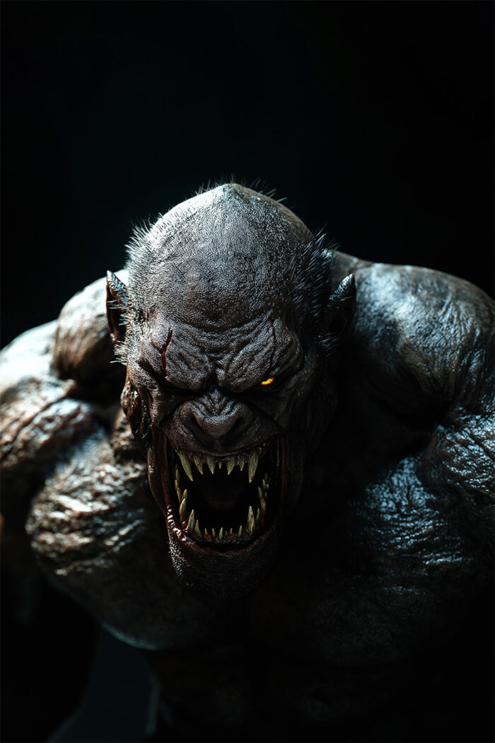 product-image A fierce, muscular werewolf with glowing eyes snarls, baring sharp fangs in a dark setting. Part of the Beasts of the Night series, this customizable poster lets you add your own text for a unique touch. A1 to A4 print sizes.