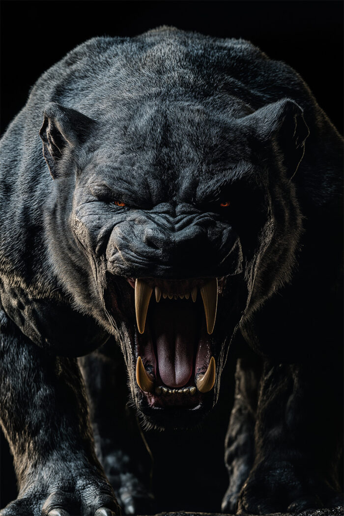 product-image A snarling black panther with large fangs and glowing eyes, baring its teeth in an aggressive pose—perfect for a Beasts of the Night poster. A1 to A4 print sizes.