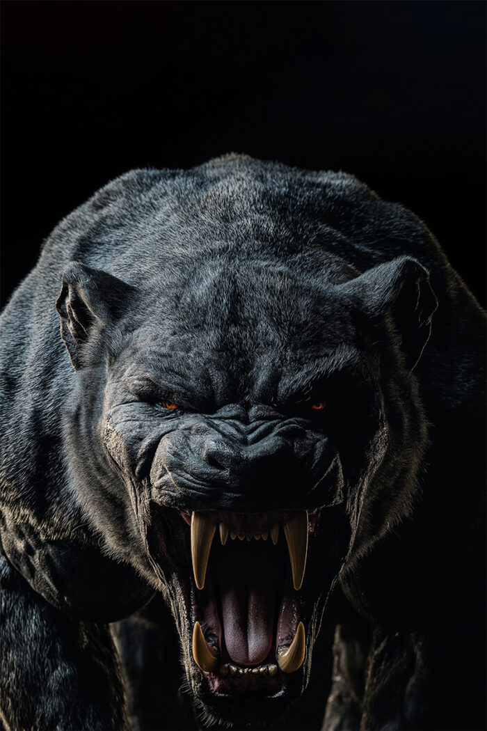 product-image A fierce, snarling black panther with glowing eyes and large, sharp fangs stalks against a dark background in this Beasts of the Night customizable poster—add your own text to make it truly unique. A1 to A4 print sizes.