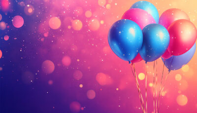 Colourful blue and pink balloons on strings float against a vibrant, bokeh-filled gradient background—perfect as a customizable poster where you can add your own text for a unique birthday banner. A1 to A4 print sizes.