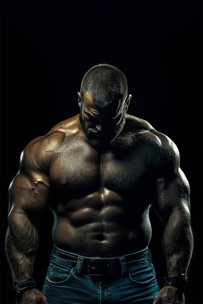 Muscular man with bare torso and jeans stands looking down in dramatic, shadowy lighting—perfect for a customizable poster where you can add your own text. A1 to A4 print sizes.
