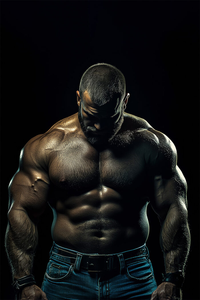 product-image Muscular man with bare torso and jeans stands looking down in dramatic, shadowy lighting—perfect for a customizable poster where you can add your own text. A1 to A4 print sizes.