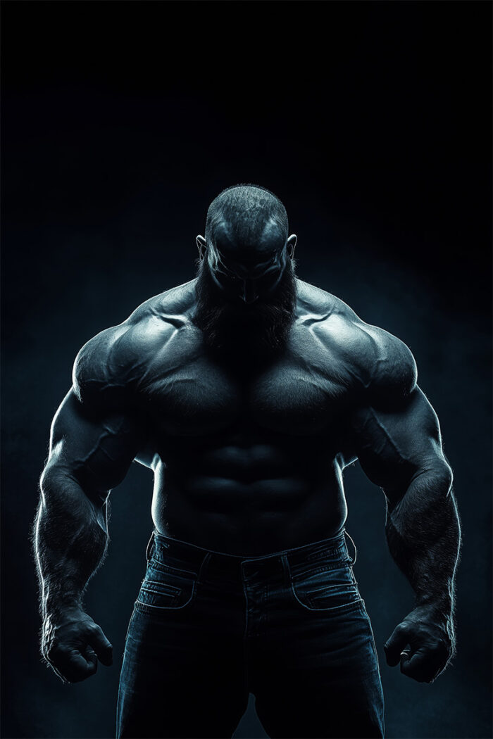 product-image A muscular man with a beard poses shirtless in dark jeans against a dramatic, shadowy background, creating the perfect image for a striking Muscular Man Poster. Add your own text and images. A1 to A4 print sizes.