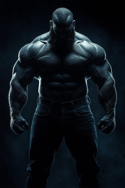 A muscular man with a beard poses shirtless in dark jeans against a dramatic, shadowy background, creating the perfect image for a striking Muscular Man Poster. A1 to A4 print sizes.