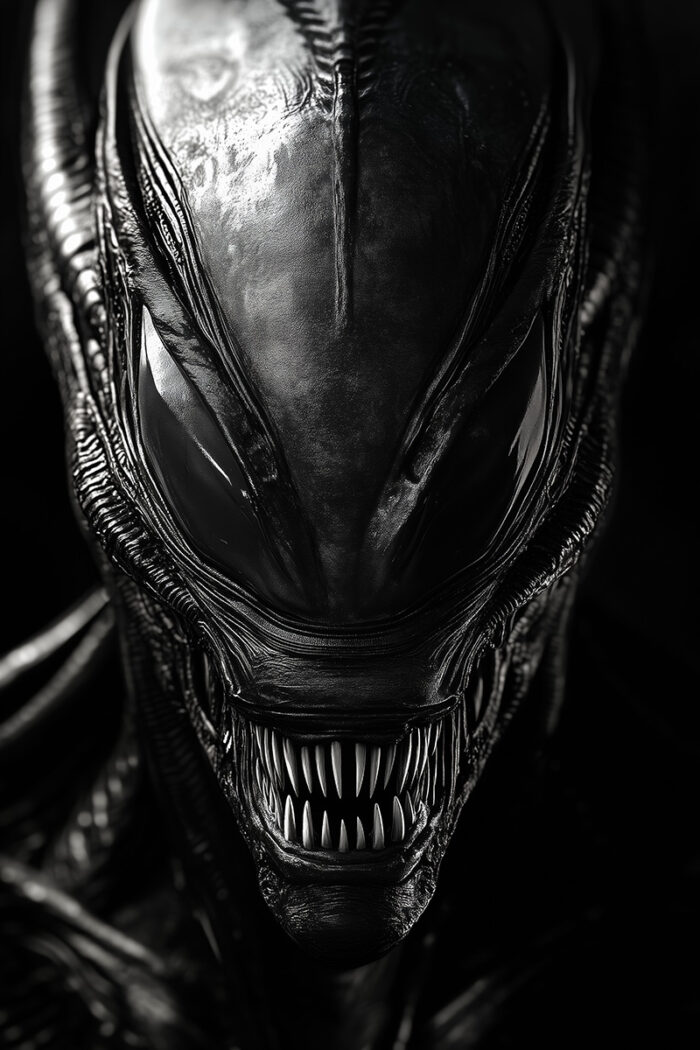 product-image Poster print. A close-up of a menacing alien creature with sharp teeth, dark shiny skin, and a ridged head, captured in the iconic style of an Alien movie poster. A1 to A4 sizes.