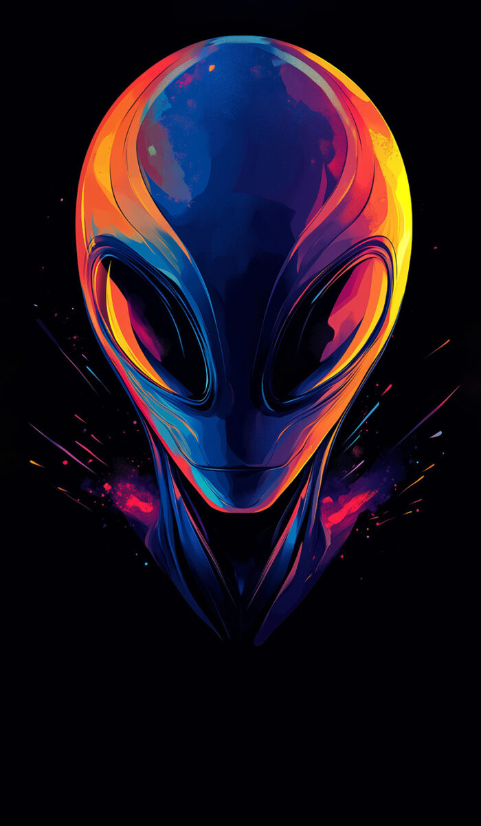 product-image Poster print. Colourful digital illustration of a Neon Alien head with vivid blue, yellow, and red highlights on a black background. Customizable Poster—Add Your Own Text to make it uniquely yours!. A1 to A4 sizes.