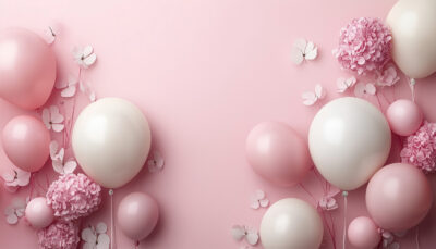Pink and white balloons with hydrangeas and paper petals create a dreamy scene, perfect for a Pink themed banner or customizable poster to celebrate special occasions. A1 to A4 print sizes.