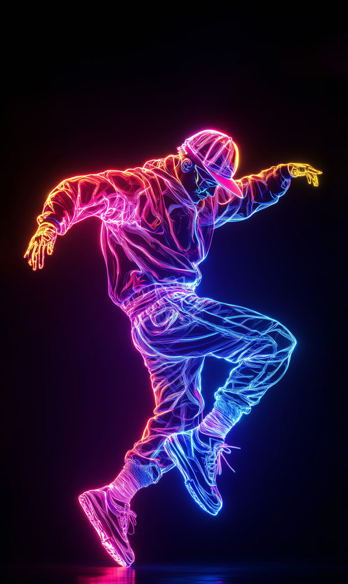 product-image Poster print. A neon outline of a Neon Breakdancer in mid-jump against a black background, perfect as a customizable poster where you can add your own text. A1 to A4 sizes.