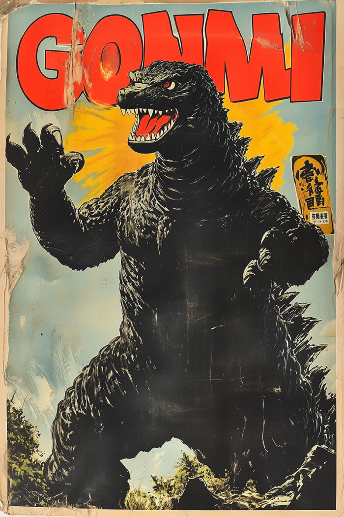 product-image Vintage Japanese poster illustration of Godzilla roaring, with GONNI in big red letters above; edges of the poster appear torn and worn. A1 to A4 sizes.