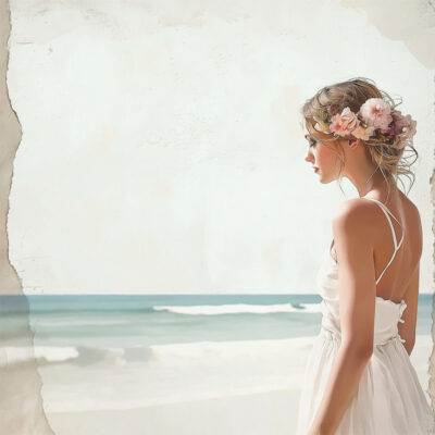 Poster print. Woman in white dress with flower crown stands on a beach, gazing at the ocean in soft pastel tones—a vision of beauty perfect for an ocean watercolour poster. A1 to A4 sizes.