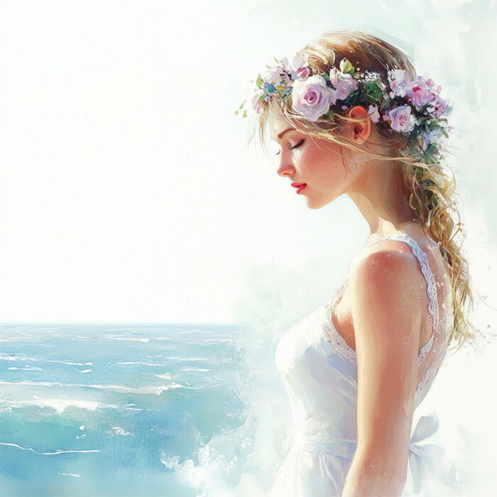 product-image Poster print. A woman in a white dress and flower crown stands by the ocean, facing sideways with eyes closed—an image of serene beauty perfect for a watercolour poster. A1 to A4 sizes.