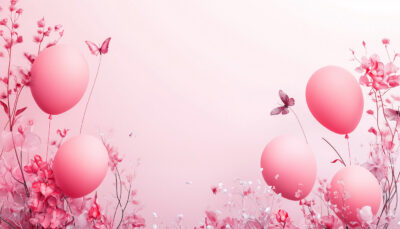 Pink balloons, flowers, and butterflies on a soft pink background with empty space in the centre—perfect as a customizable poster for special occasions. A1 to A4 print sizes.