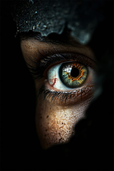 A close-up of a human eye seen through an irregular, dark hole, with detailed focus on the iris and surrounding skin. Horror poster available in A1 to A4 sizes.