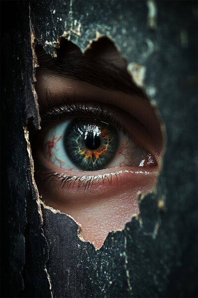 A close-up of a human eye peering through a jagged hole in a dark, weathered surface. Horror poster available in A1 to A4 sizes.