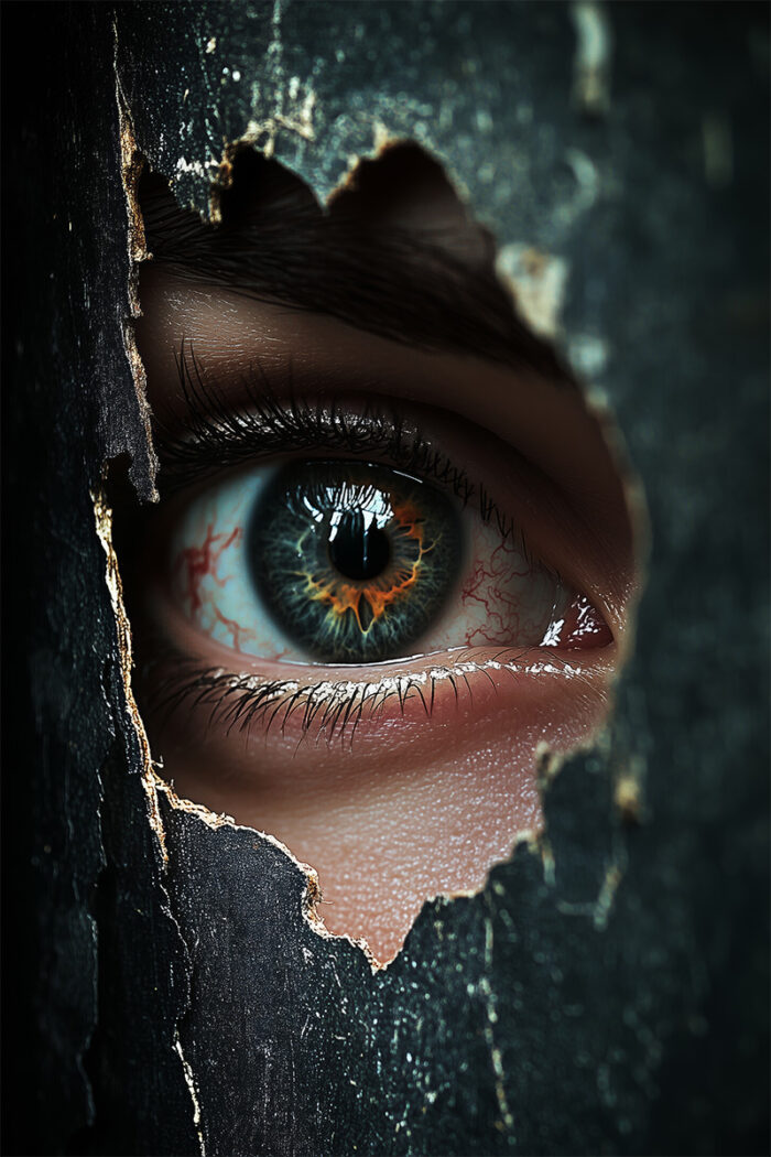 product-image A close-up of a human eye peering through a jagged hole in a dark, weathered surface. Horror poster available in A1 to A4 sizes.
