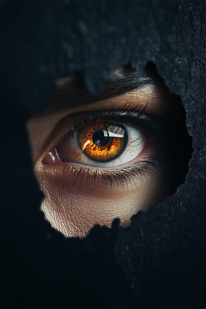A close-up of a human eye with an orange iris seen through a jagged hole in a dark surface, creating an intense Looking Eye perfect for a horror poster. Gaming poster available in A1 to A4 sizes.