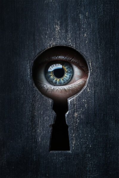 A blue human eye looking through a large keyhole in a dark textured surface. Horror poster available in A1 to A4 sizes.
