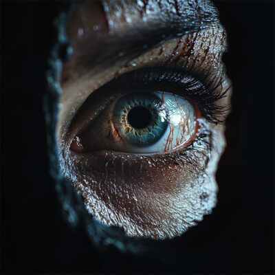 A close-up of a human eye seen through an irregular, dark hole, with detailed focus on the iris and surrounding skin. Horror poster available in A1 to A4 sizes.