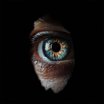 A close-up of a human eye seen through an irregular, dark hole, with detailed focus on the iris and surrounding skin. Horror poster available in A1 to A4 sizes.