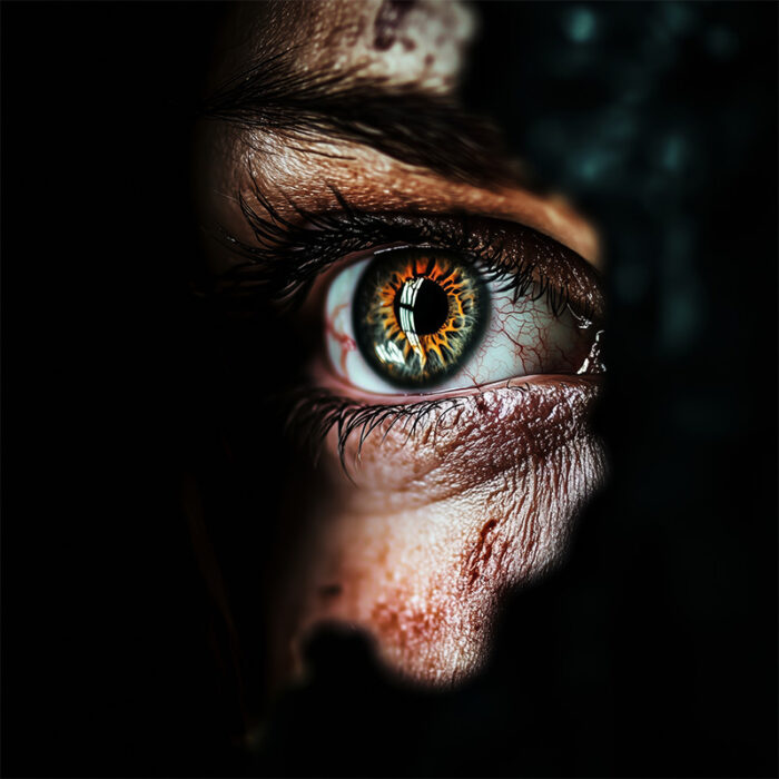 product-image Poster print. A close-up of a looking eye with vivid colours, surrounded by darkness and partially shadowed skin, creating a chilling Horror Poster. A1 to A4 sizes.