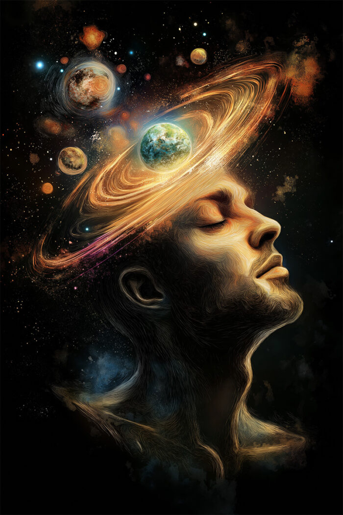 product-image A serene person’s head with planets and glowing rings orbiting around it in a cosmic, dreamy scene—perfect as a Universal Mind poster for fans of fantasy art. A1 to A4 sizes.