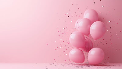 A bunch of pink balloons with pink and silver confetti scattered on a pink background—perfect for a pink themed banner or customizable poster for special occasions. A1 to A4 print sizes.