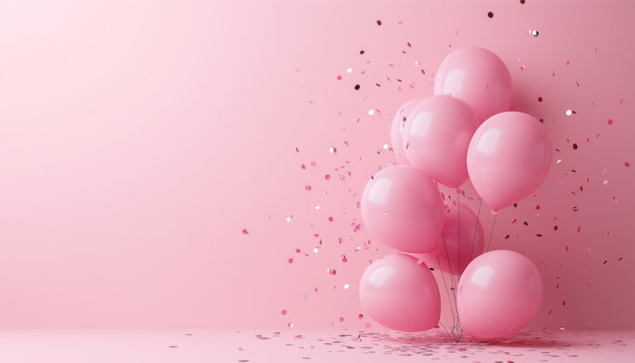 product-image A bunch of pink balloons with pink and silver confetti scattered on a pink background—perfect for a pink themed banner or customizable poster for special occasions. A1 to A4 print sizes.