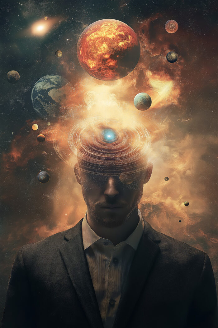 product-image A man in a suit with planets and cosmic elements emerging from his glowing head, this fantasy art poster embodies the Universal Mind and limitless imagination. A1 to A4 sizes.