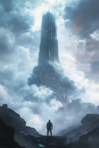 Fantasy art poster. A lone figure stands before a towering, dark fortress rising into misty, dramatic clouds—an enigmatic alien monument worthy of a striking poster in sci-fi art. A1 to A4 sizes.