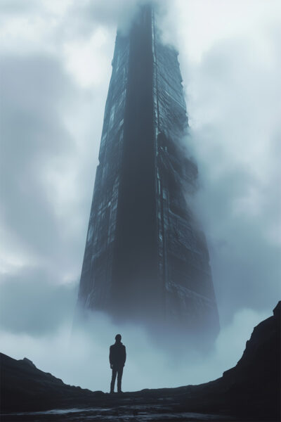 Fantasy art poster. A lone figure stands on rocky ground, facing a tall, dark alien monument that rises into clouds and mist—a striking scene perfect for a Sci-Fi Art poster. A1 to A4 sizes.
