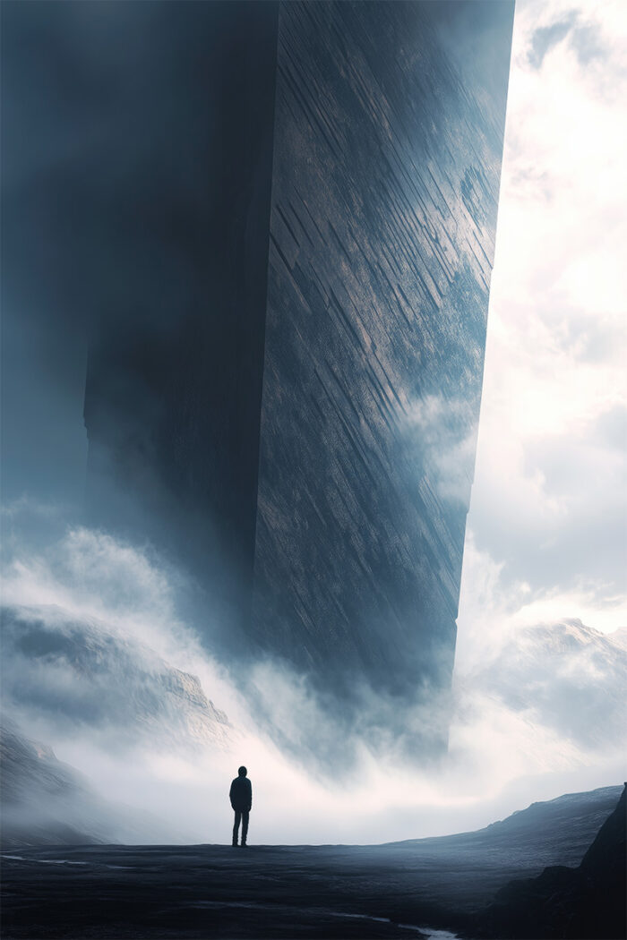 product-image Fantasy art poster. A figure stands before a towering alien monument, part-shrouded in cloud and mist. A dramatic sci-fi scene. A1–A4 sizes.