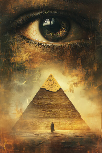 Fantasy art poster print. A large human eye appears above a golden pyramid. A figure stands at the base. Warm and sepia-toned. Ancient, surreal atmosphere. Available in A1 to A4 sizes.