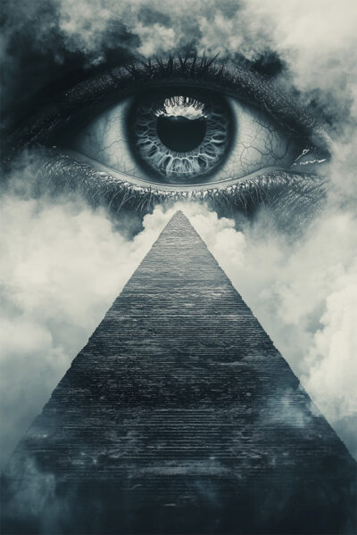 Fantasy art poster print. A large eye gazes above a misty pyramid rising through clouds, creating a surreal and mystical scene. Available in A1 to A4 sizes.