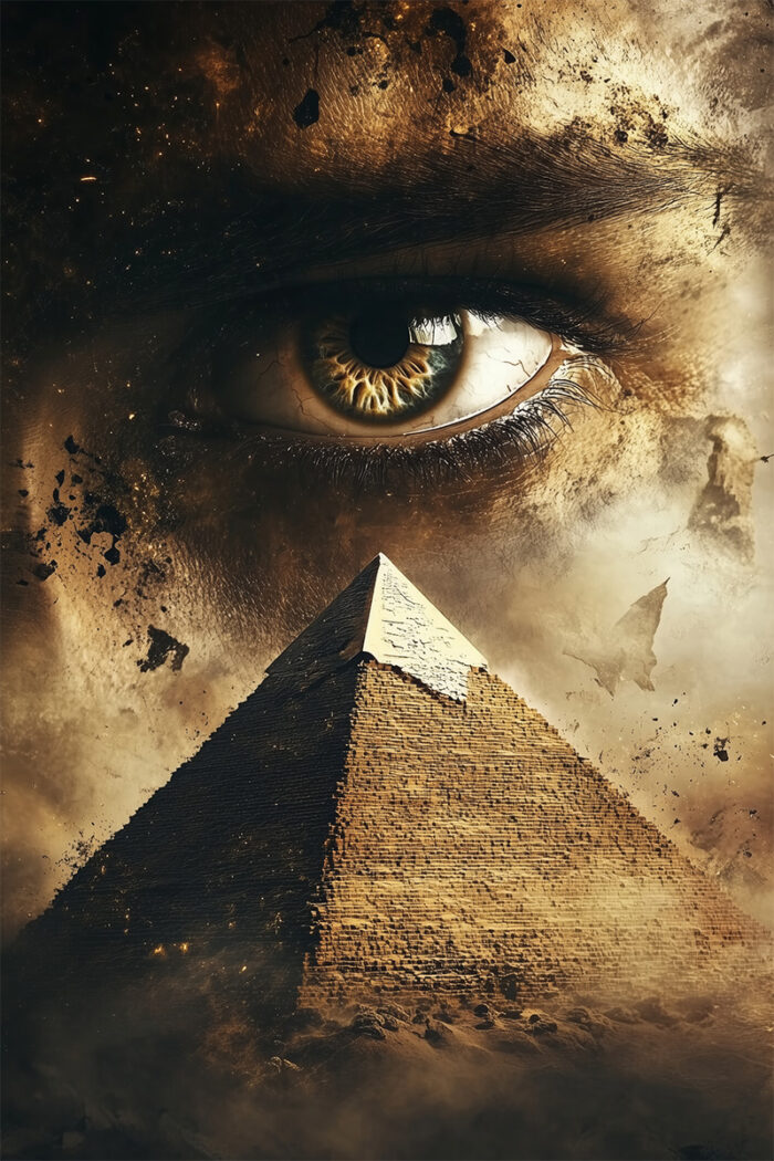 product-image Fantasy art poster print. A large eye appears above a pyramid, surrounded by dust and dramatic, smoky textures. Available in A1 to A4 sizes.