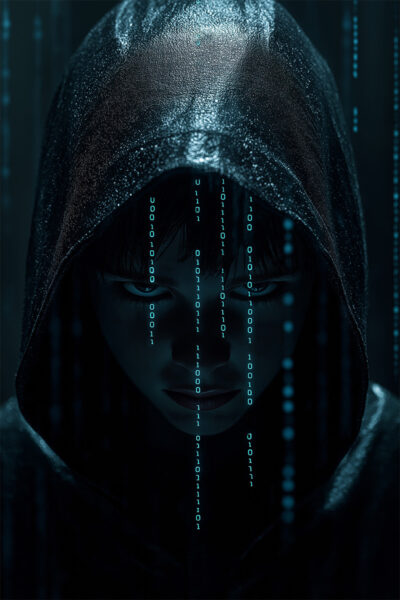 Fantasy art poster print. Person in a hood with binary code and digital rain lines over their face, evoking a hacker or cyber theme. Available in A1 to A4 sizes.