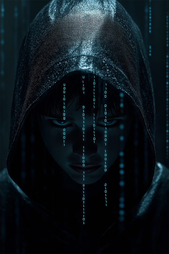product-image Fantasy art poster print. Person in a hood with binary code and digital rain lines over their face, evoking a hacker or cyber theme. Available in A1 to A4 sizes.