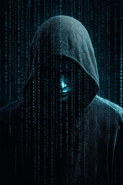 Fantasy art poster print. Person in a hooded jacket stands in darkness with streams of digital binary code projected in front of them. Available in A1 to A4 sizes.