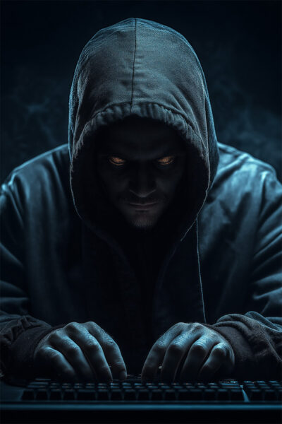 Fantasy art poster print. A person in a dark hoodie with glowing eyes hovers over a keyboard in a dimly lit room. Available in A1 to A4 sizes.