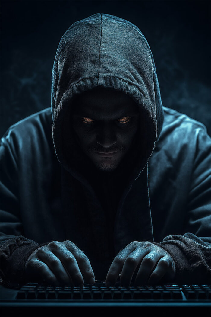 product-image Fantasy art poster print. A person in a dark hoodie with glowing eyes hovers over a keyboard in a dimly lit room. Available in A1 to A4 sizes.