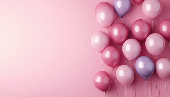 product-image Pink and purple balloons clustered on the right side against a light pink banner background, perfect for customizable posters or celebrating special occasions. A1 to A4 print sizes.