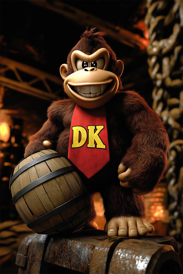 product-image A modern 3D version of every gamer's favourite 80's gorilla foe Donkey Kong with a red tie labelled DK stands next to a wooden barrel in a dimly lit, industrial setting. Gaming poster available in A1 to A4 sizes.