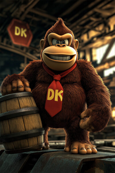 A modern 3D version of 80's arcade game legend Donkey Kong wearing a red tie labelled DK stands next to a barrel in an industrial setting. Gaming poster available in A1 to A4 sizes.
