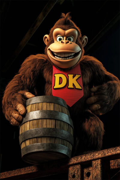 A modern 3D version of legendary 80's arcade game character gorilla Donkey Kong, wearing a red tie with DK on it, stands holding a wooden barrel against a dark background in this dynamic poster. Gaming poster available in A1 to A4 sizes.