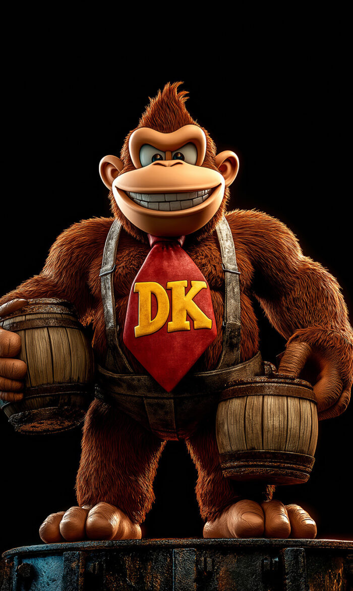 product-image A modern 3d version of the arcade classic gorilla foe Donkey Kong wearing a red tie with yellow DK letters, holding two wooden barrels, stands against a dark background. Customizable poster—add your own text to make it unique! Gaming poster available in A1 to A4 sizes.