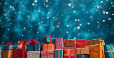 Rows of wrapped gift boxes with ribbons and bows are set against a blue background with white lights and bokeh, creating a festive atmosphere—perfect for a customizable poster where you can add your own text. Prints available in A1 to A4 sizes.