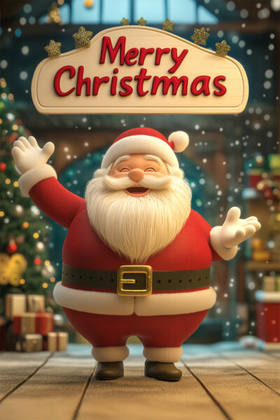 Animated Santa Claus standing and waving under a Merry Christmas sign, with a Christmas tree and presents in the background—perfect for a festive Christmas Grotto or holiday poster. Prints available in A1 to A4 sizes.