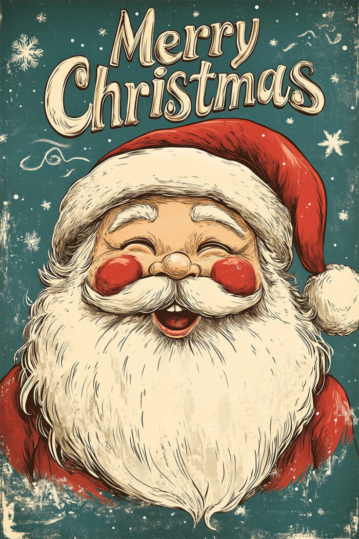 product-image Vintage style illustration of a smiling Santa Claus with a white beard and red hat, with Merry Christmas written above him on a teal background with snowflakes—perfect for a charming Christmas poster. Prints available in A1 to A4 sizes.