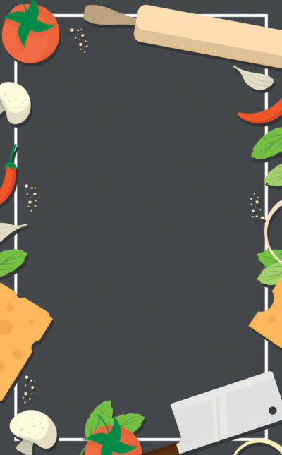 Illustration of a chalkboard menu background framed by kitchen vegetables like tomatoes, cheese, mushrooms, basil, garlic, chili peppers, and utensils such as a rolling pin and meat cleaver. Customizable menu background available in A1 to A4 sizes.