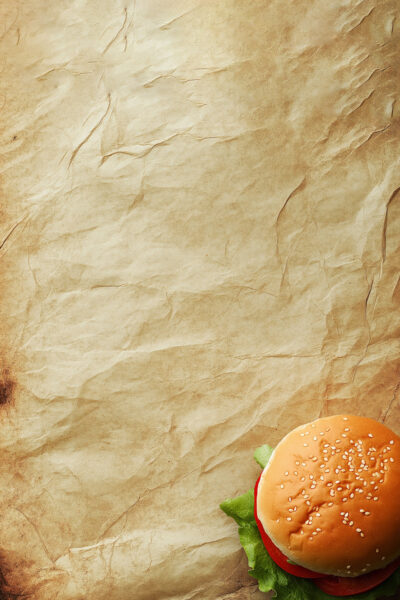 A sesame seed hamburger with lettuce and tomato sits in the bottom right corner on brown parchment paper, creating a perfect burger menu background with a large empty space above to add your own text or design. Customizable menu background available in A1 to A4 sizes.